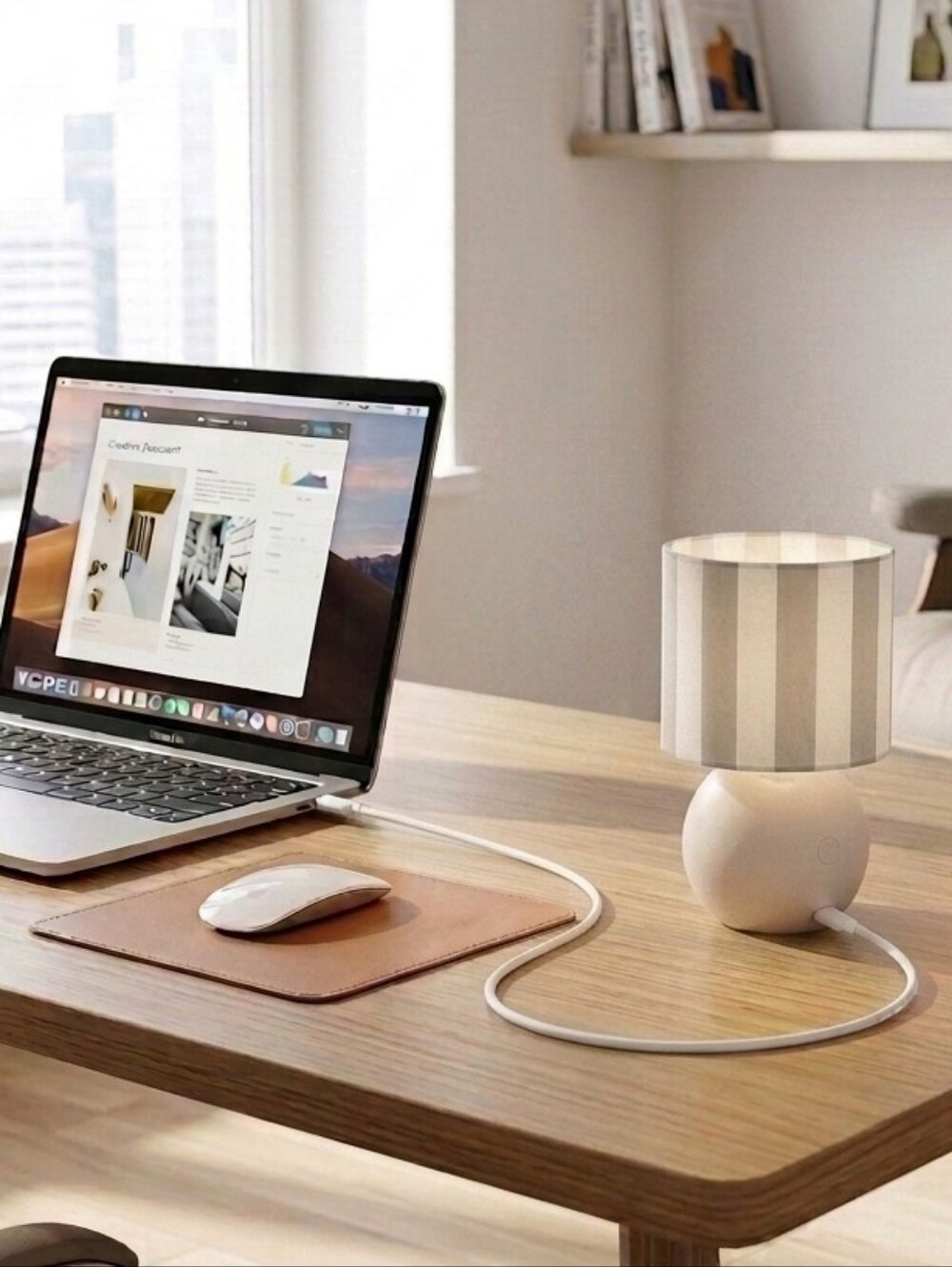 Mini Vivitar Striped desk Or Side table lamp in Neutral cream, gray and white